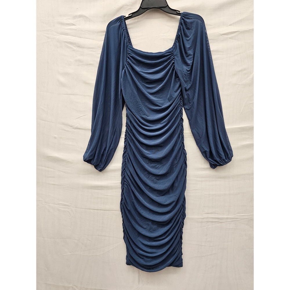 Ruched Long Sleeve Midi Dress in Slate Blue